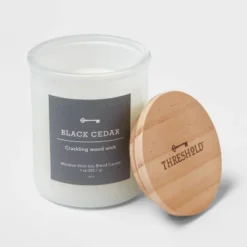9oz Milky White Glass Woodwick Candle With Wood Lid And Stamped Logo Black Cedar - Threshold™ -Threshold GUEST 03c5dd05 5786 45f7 806d 1bc1a99debba