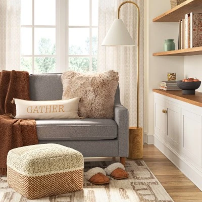 Oversized Gather Embroidered Lumbar Throw Pillow Cream - Threshold™ 3 Oversized Gather Embroidered Lumbar Throw Pillow Cream - Threshold™